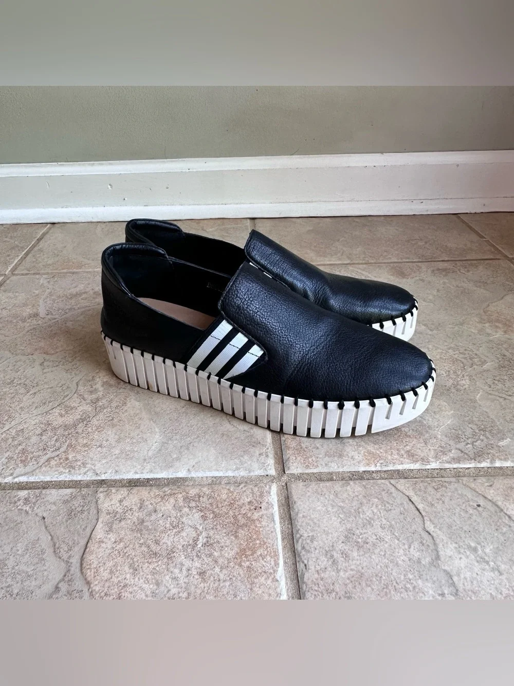 Silent D Becca Leather Black Striped Platform Slip On Sneakers